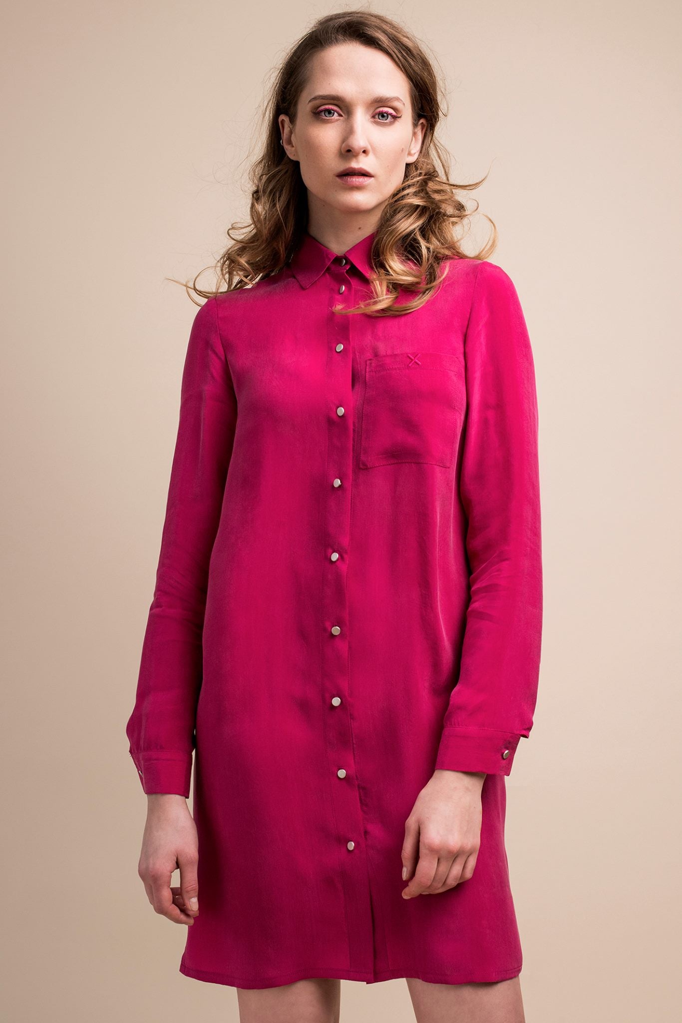 Fuchsia Pink Shirt Dress Basic Piece Fuchsia Pink Shirt Dress Basic Piece